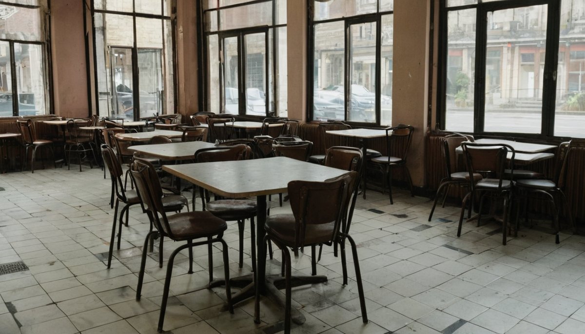 Old cafe tables and chairs left in a cafe being cleared out