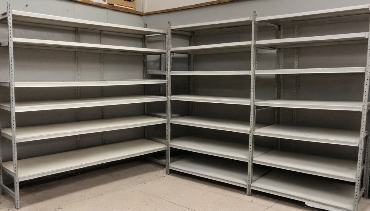 Old retail shelving units stacked in an empty shop ready for removal