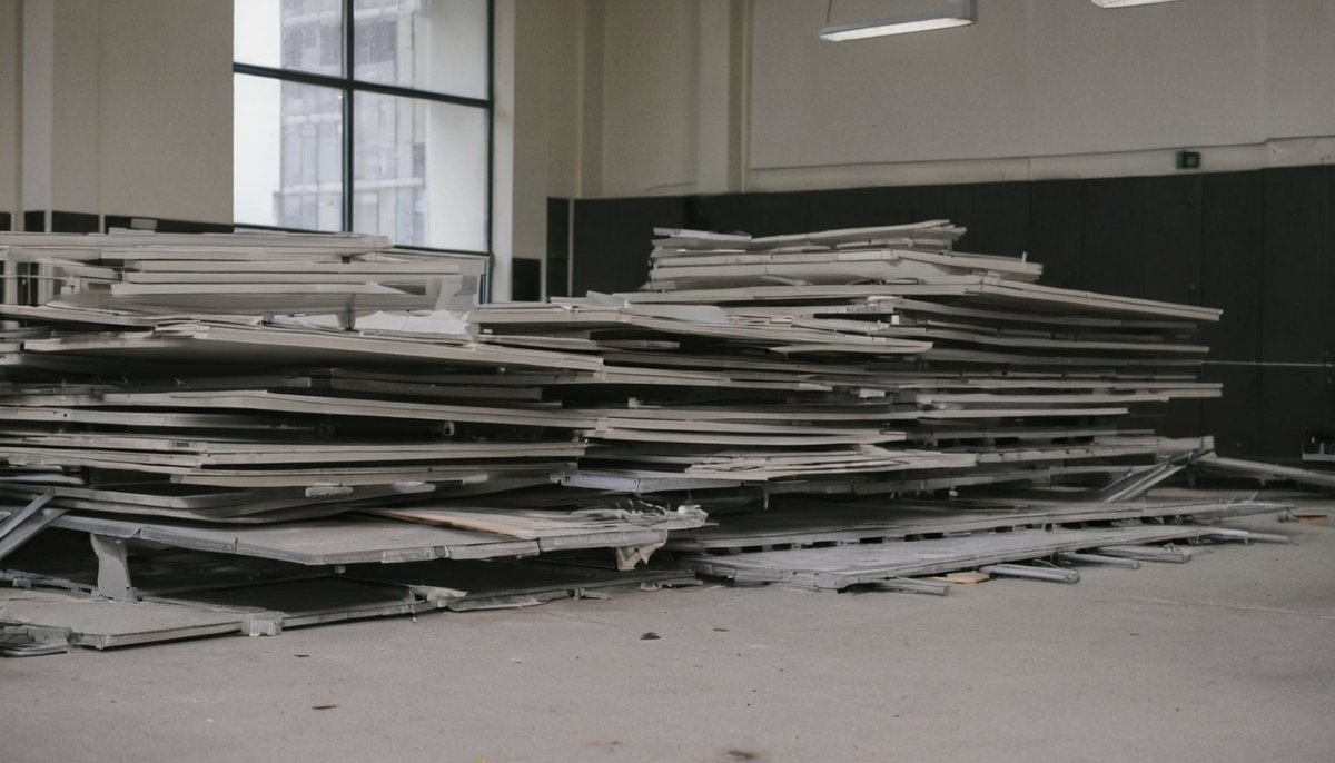Removed office partition panels piled in an empty office during a defit