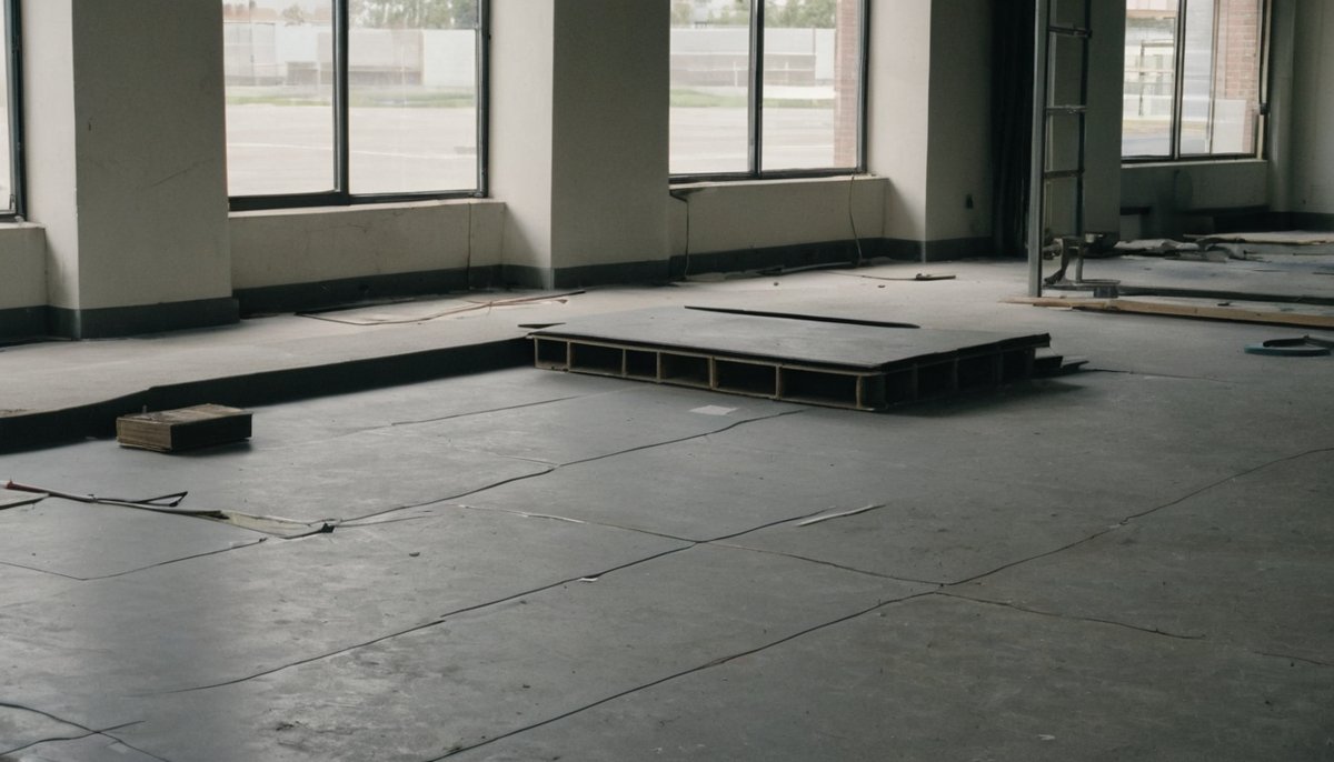 Lifted flooring and carpet stripped from a commercial space