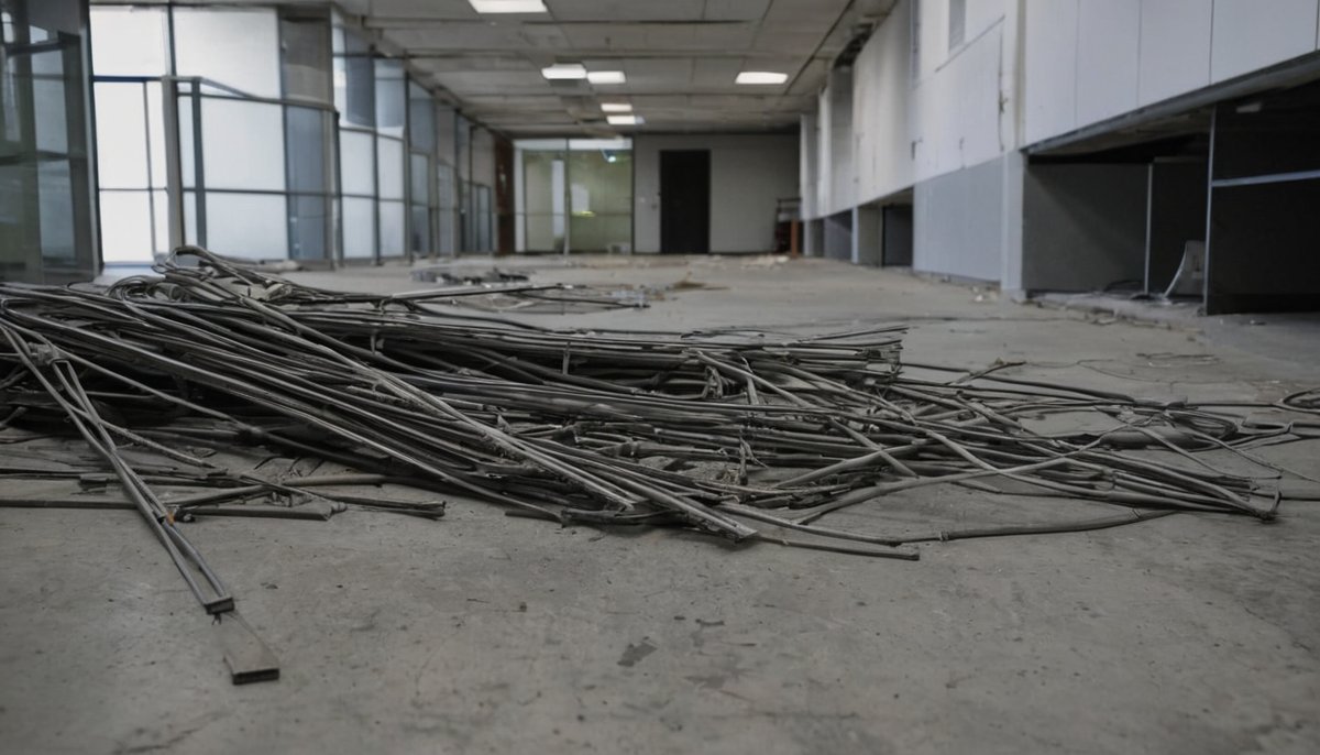 Removed data cabling and ceiling grid bundled on the floor of a stripped office