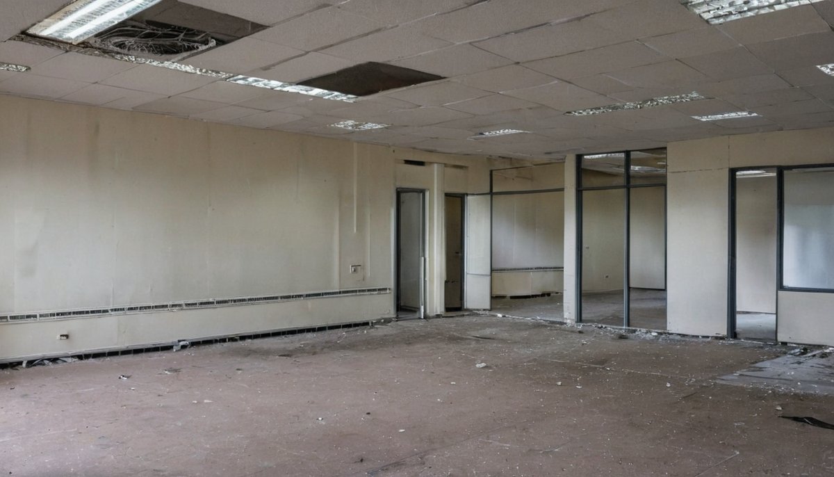 Office mid strip-out with partitions and ceiling removed back to bare floor