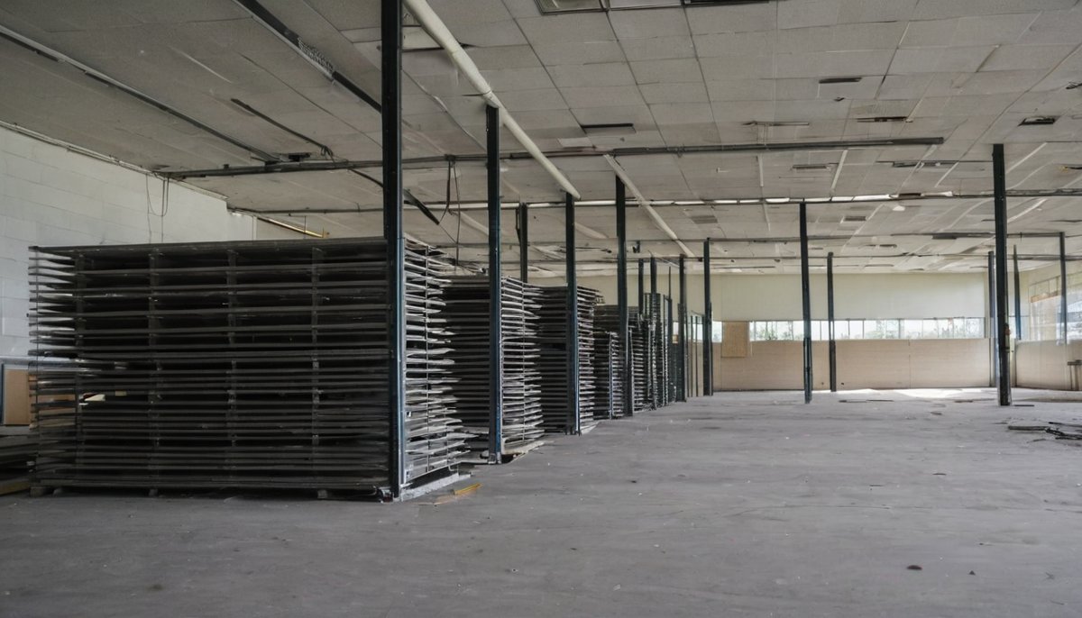 Removed ceiling tiles and metal partition frames stacked during a commercial defit