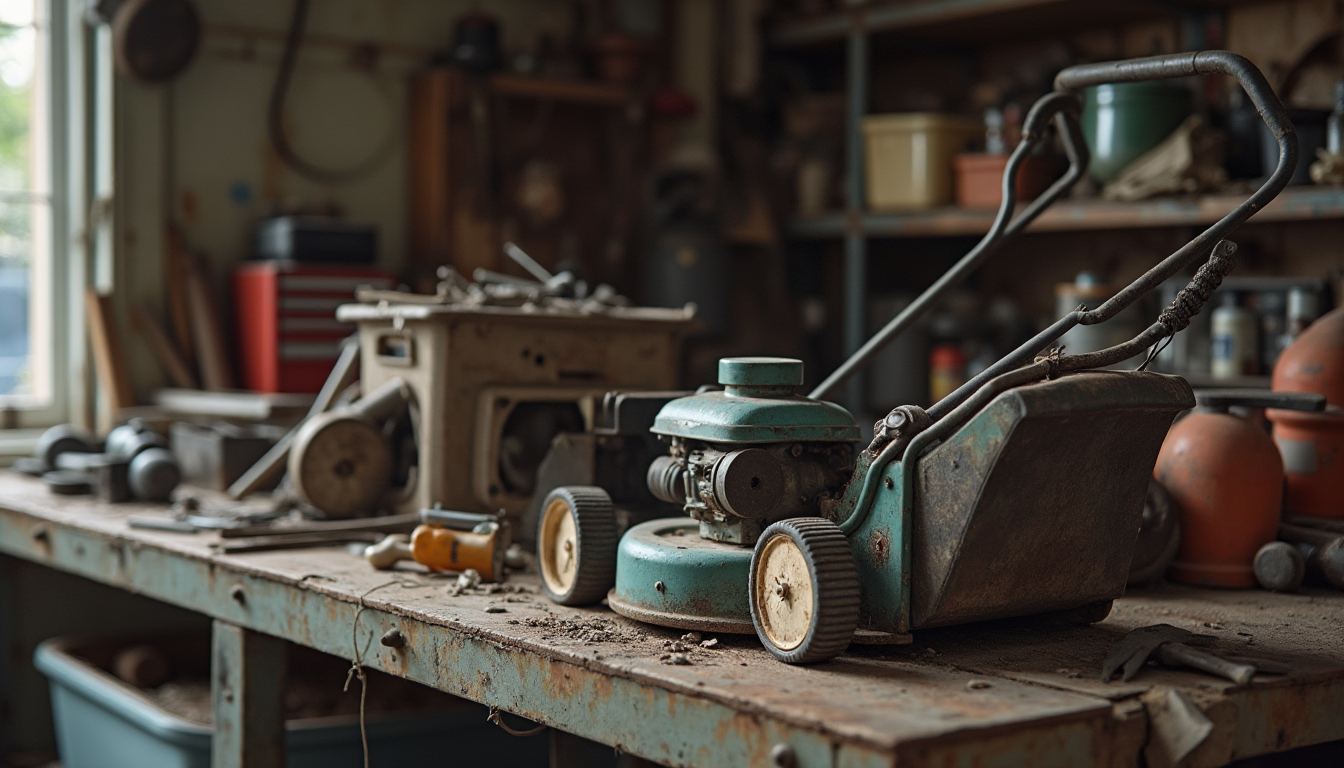 An old workbench, tools and a mower in a garage ready for removal in Melbourne