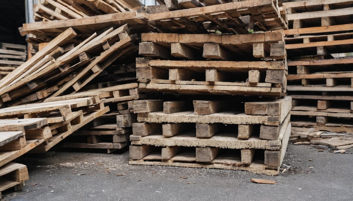 Pile of old and broken timber pallets stacked for removal
