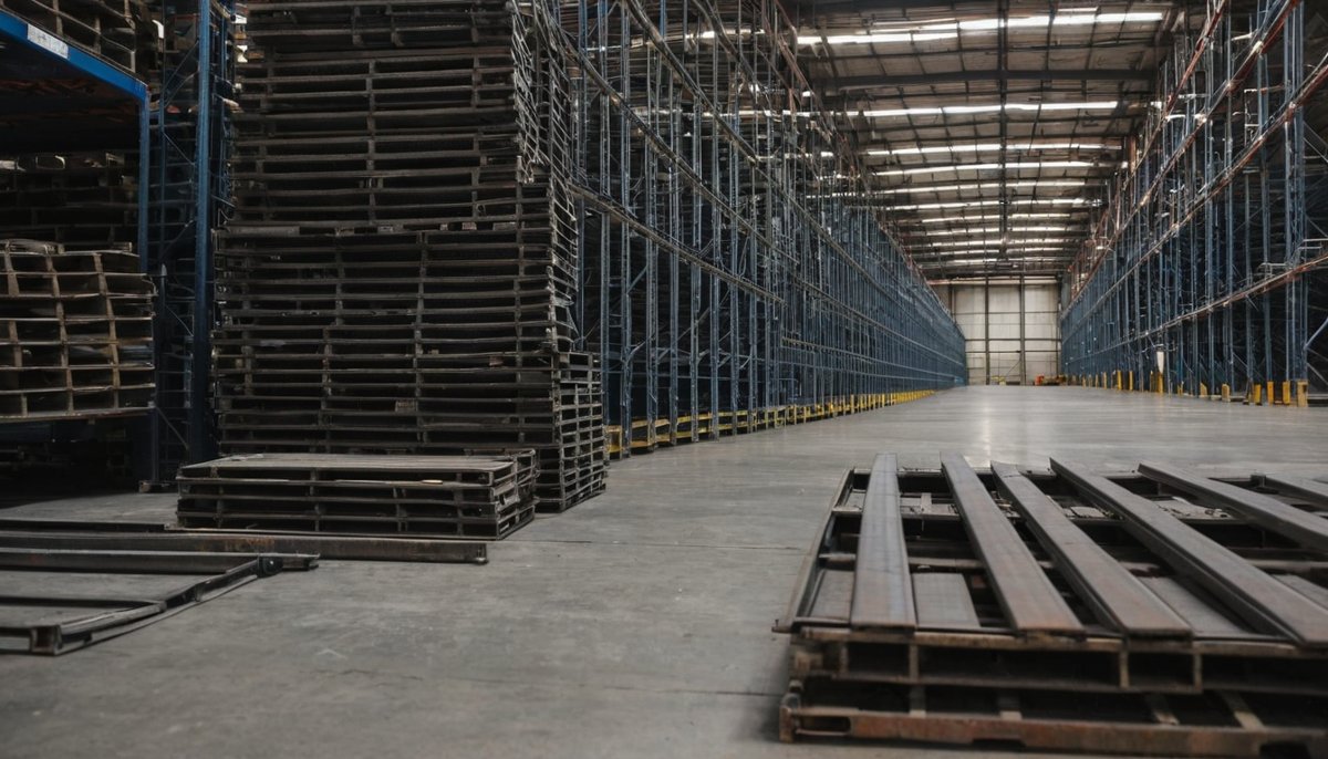 Dismantled steel pallet racking ready for collection in a warehouse
