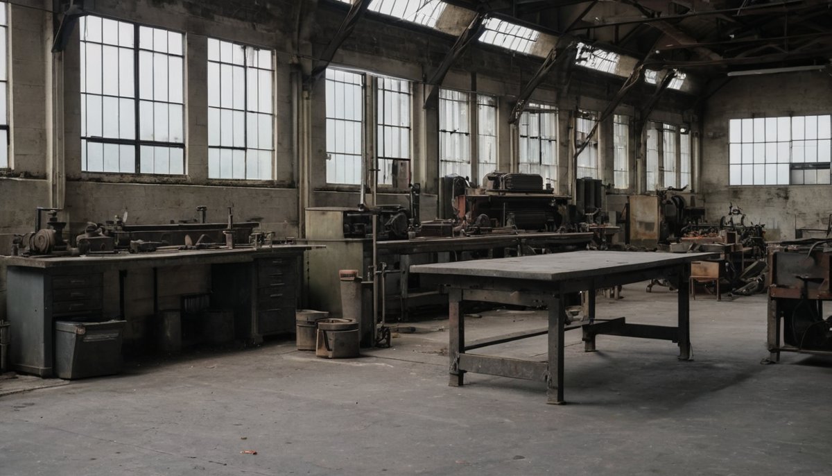Old industrial workbenches and machinery set aside for disposal