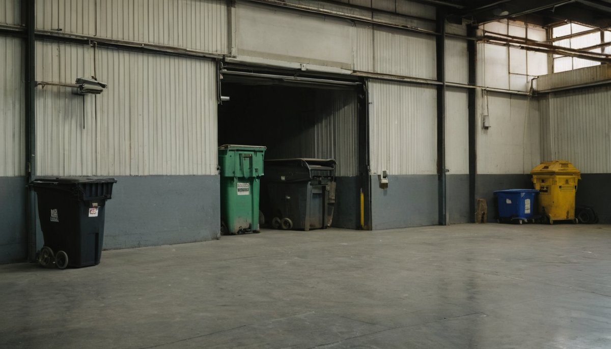 Warehouse loading dock with bulk waste and bins ready for collection