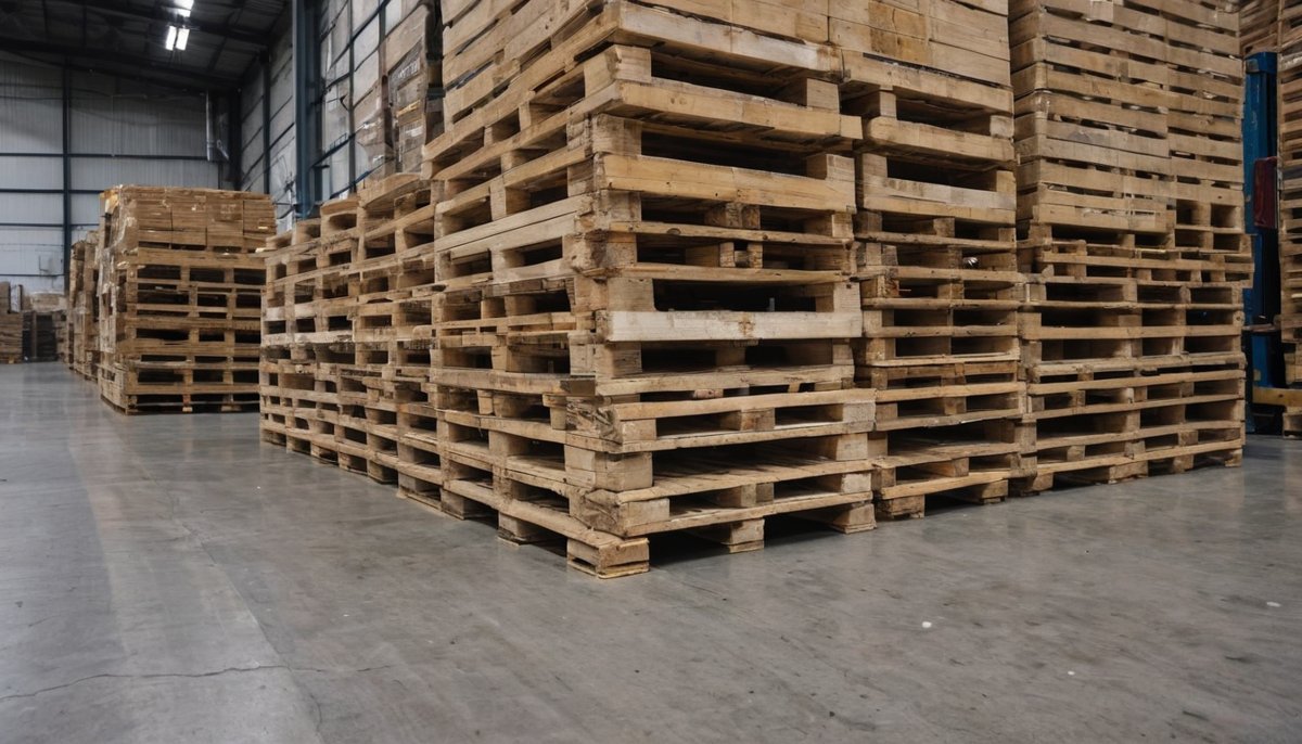 Stacked timber pallets in a warehouse ready to be cleared