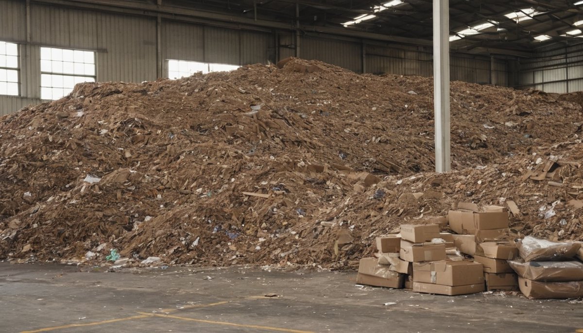 Large pile of cardboard and bulk packaging waste in a warehouse for recycling