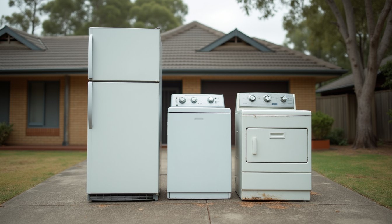 Old whitegoods including a washing machine and dryer lined up for removal and recycling in Melbourne