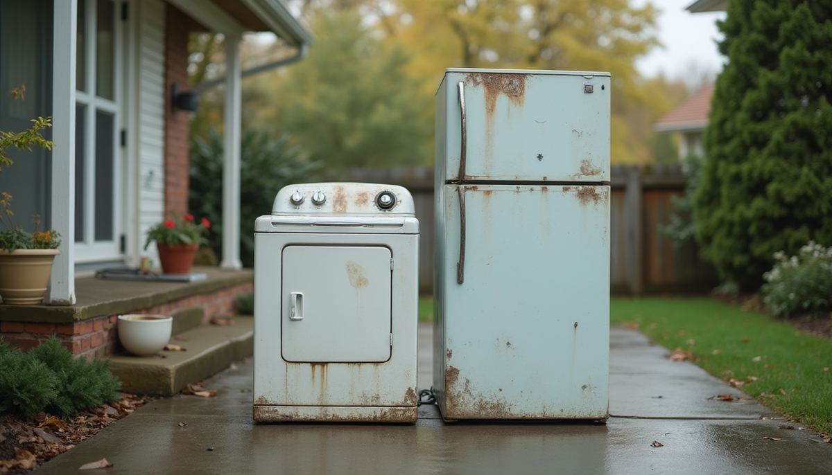 Old whitegoods including a washing machine, dryer and refrigerator grouped for removal and recycling in Melbourne