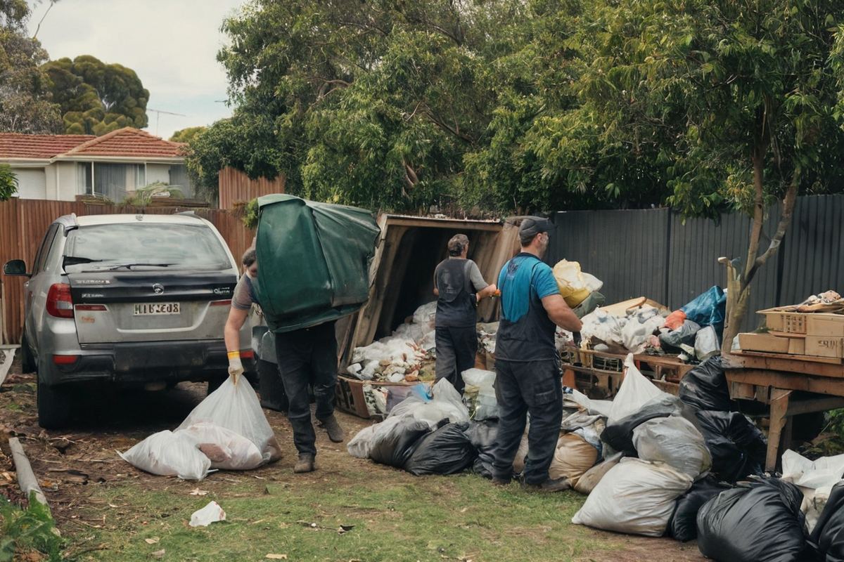 Professional rubbish removal team clearing accumulated household items from a Melbourne backyard