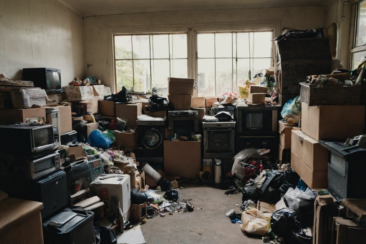 Cluttered Melbourne garage with piled boxes, broken appliances and accumulated household rubbish