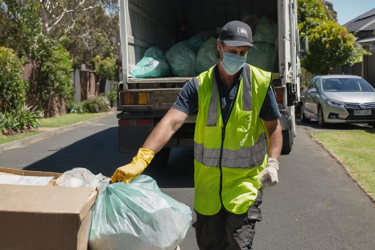 Rubbish removal worker in PPE loading household rubbish in Melbourne during COVID-19 health protocols
