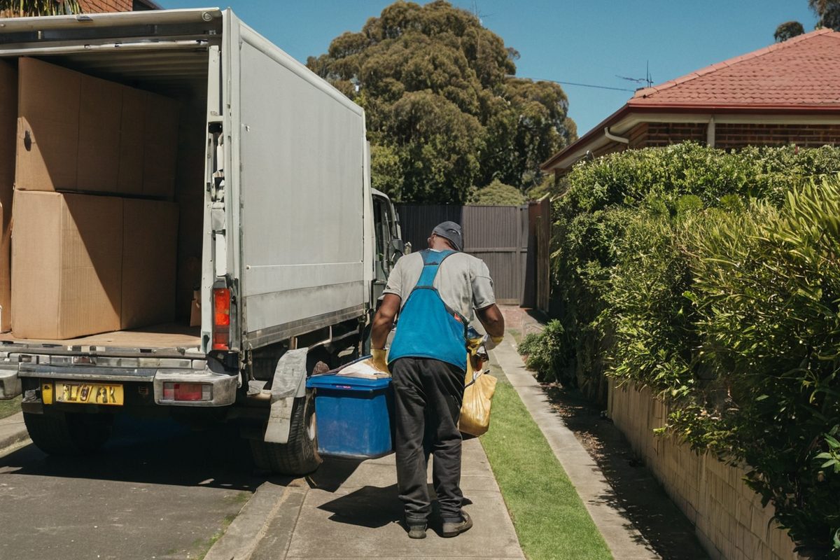 A rubbish removal worker loading household items onto a truck during a Melbourne deceased estate clearance