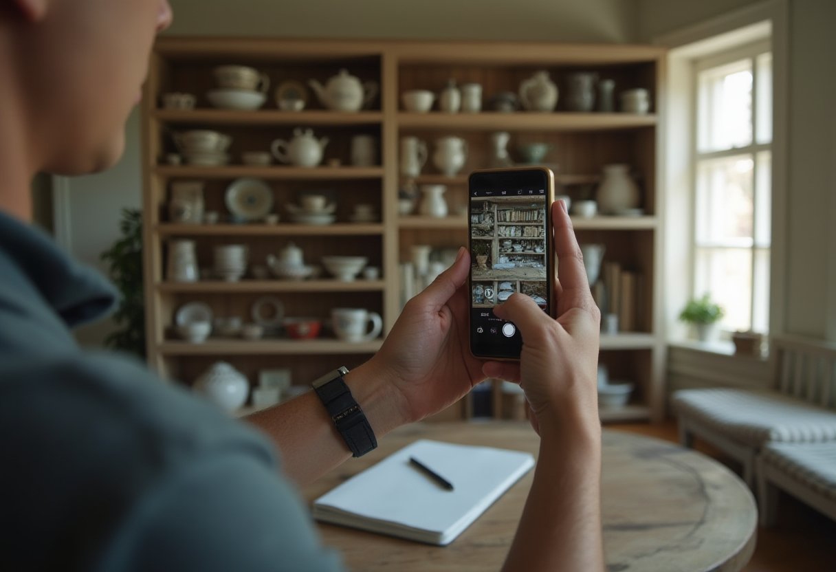 Person photographing shelves of china and ceramics with a smartphone while inventorying a deceased estate
