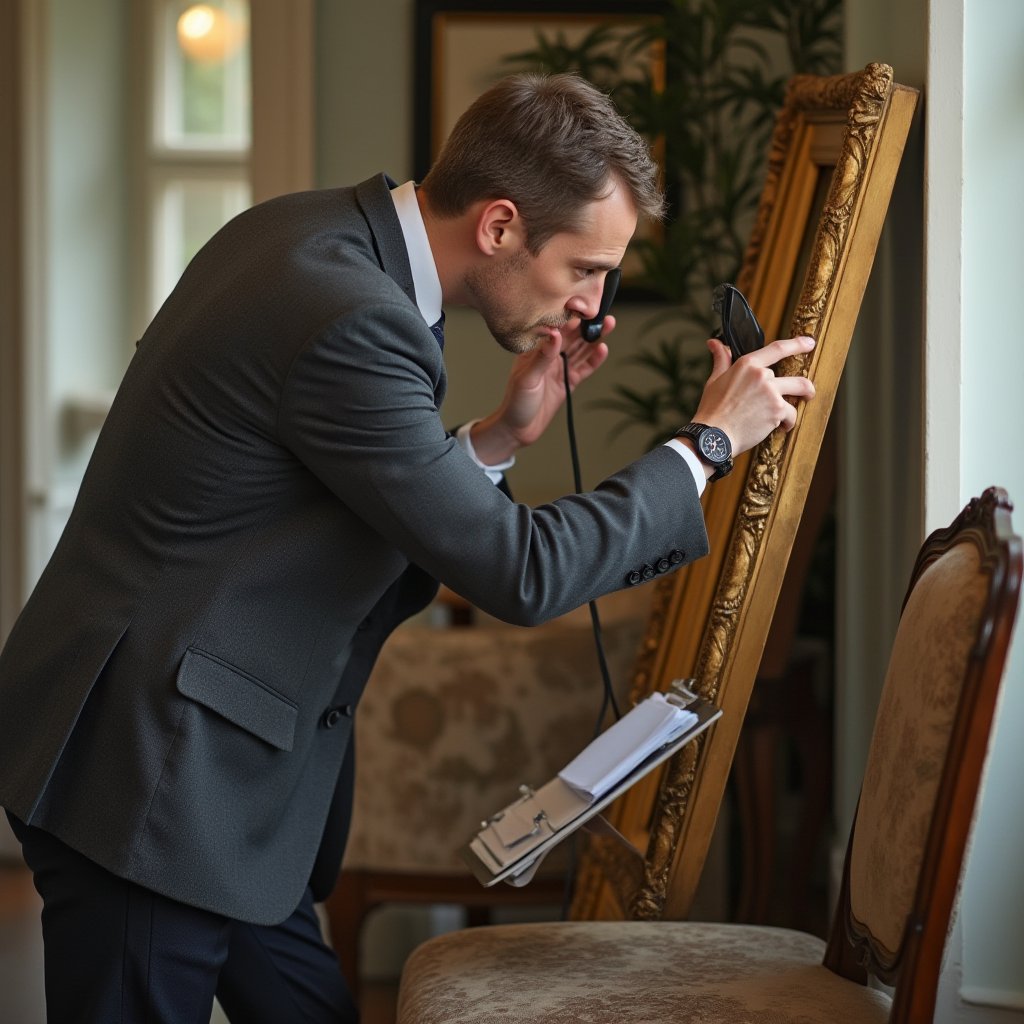 Suited valuer closely examining an ornate gilt-framed painting during formal valuation before an estate auction