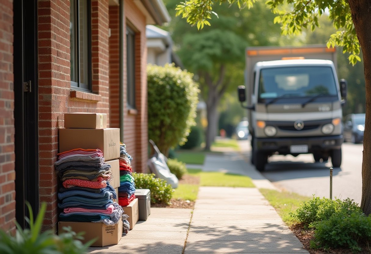 Charity donation bags and boxes stacked outside a brick house as a rubbish removal truck arrives on the street