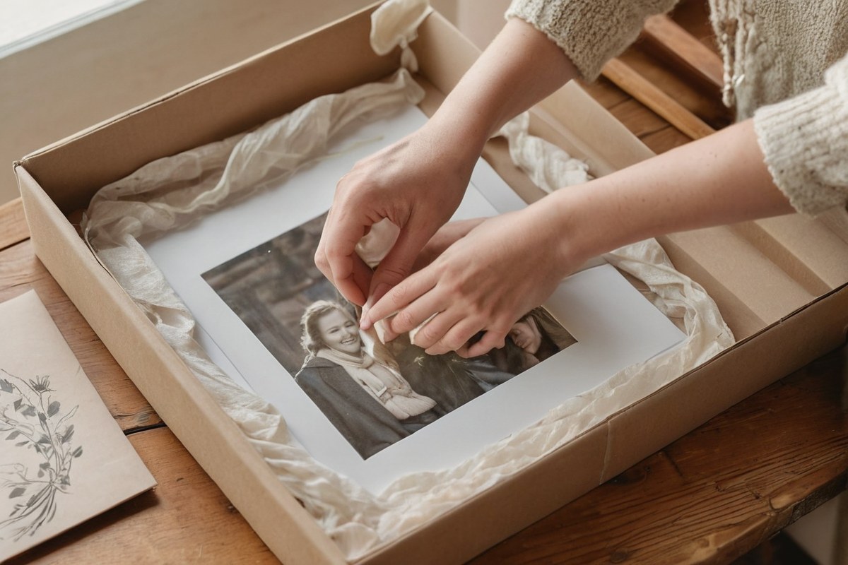 Hands gently wrapping a framed family photo to place in a keepsake box during a Melbourne deceased estate clearance