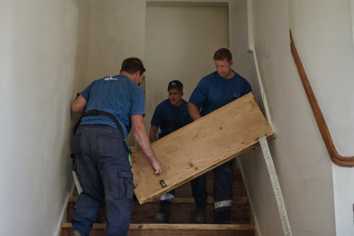 Rubbish removal team carrying a wooden bookshelf down a staircase in a Melbourne home during downsizing