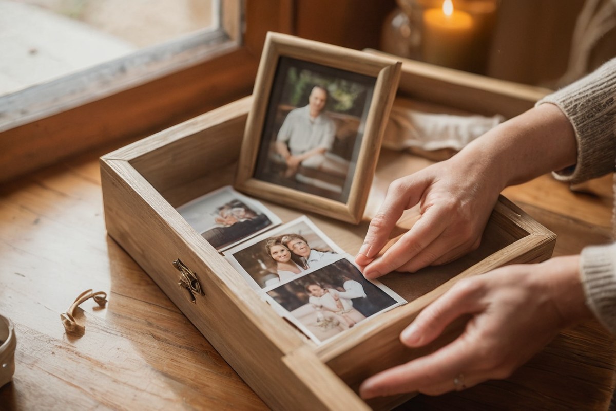 Hands placing a framed photo into a keepsake box during a Melbourne home downsizing