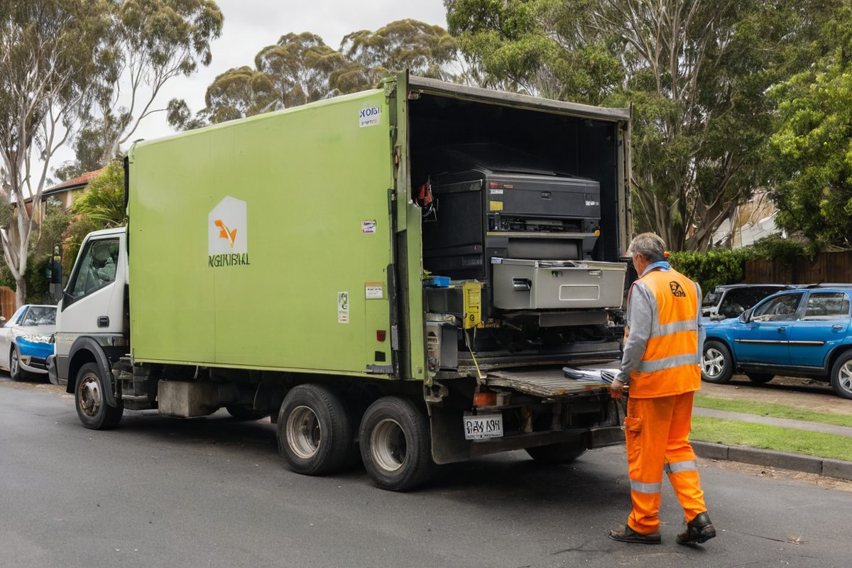 Rubbish removal truck in a Melbourne suburb with a worker loading old electronics for e-waste recycling