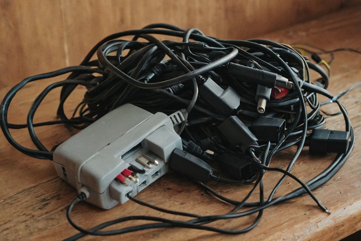 Tangled old charging cables and power adapters on a bench ready for e-waste disposal in Melbourne