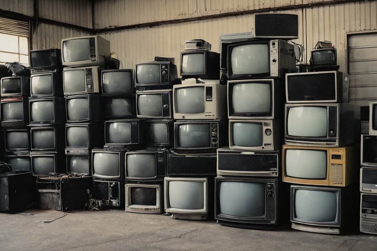 Old televisions and computer monitors stacked in a Melbourne garage ready for e-waste collection