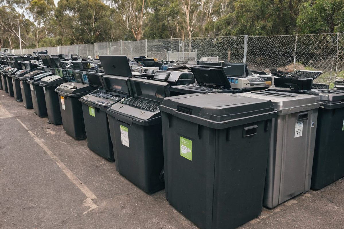 E-waste drop-off cage at a Melbourne council transfer station filled with old laptops and appliances