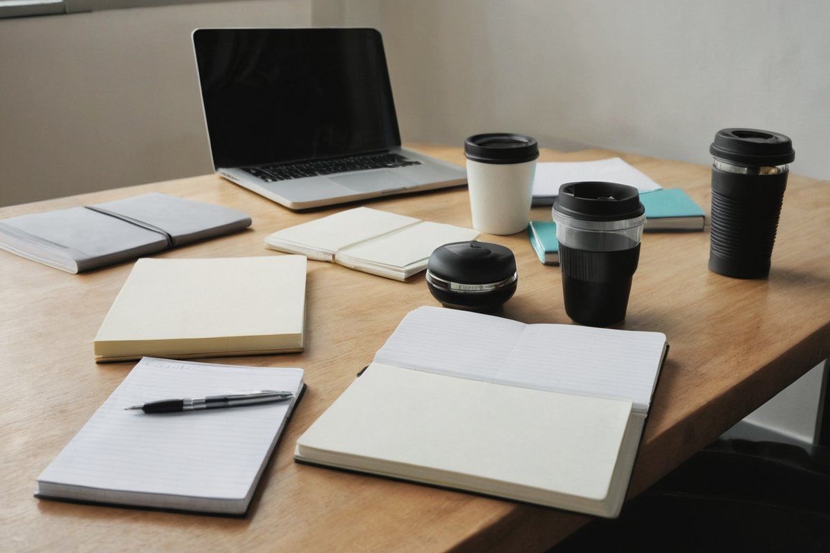 Tidy office desk with blank notepads and reusable drinkware representing eco-friendly workplace practices