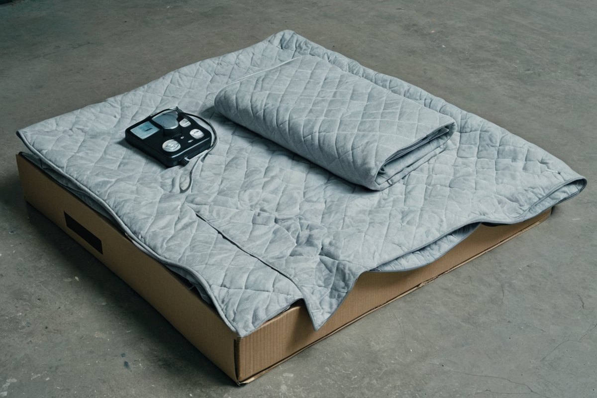 An old electric blanket on a cardboard box, ready to be taken to an e-waste recycling drop-off