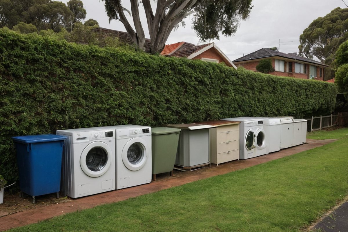 White goods and furniture lined up on a suburban nature strip for a Stonnington hard rubbish collection
