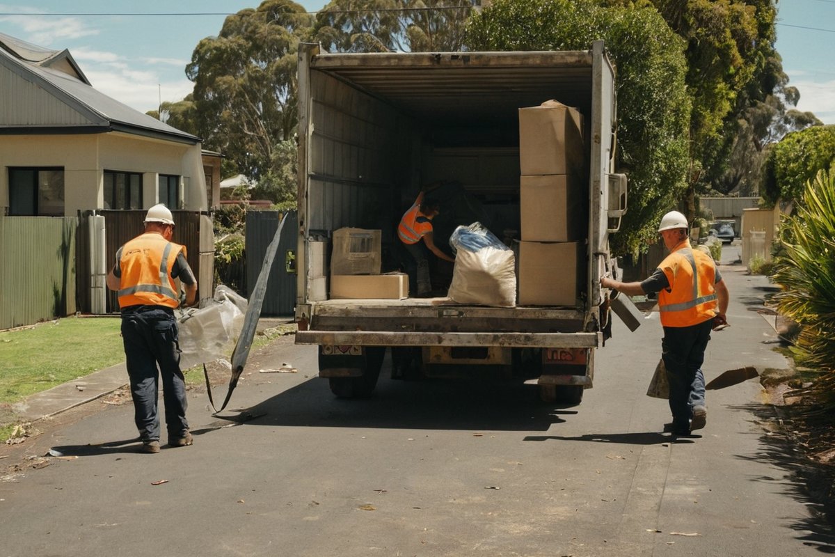 Two workers loading bulky hard rubbish from a Melbourne nature strip onto a removal truck