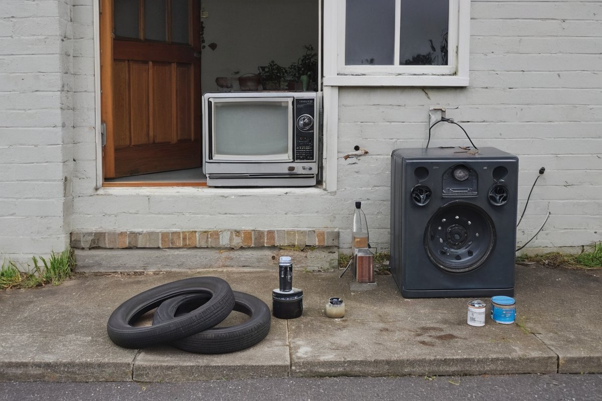 Items Stonnington hard rubbish won't take, including an old TV, microwave, speaker, car tyres and paint tins
