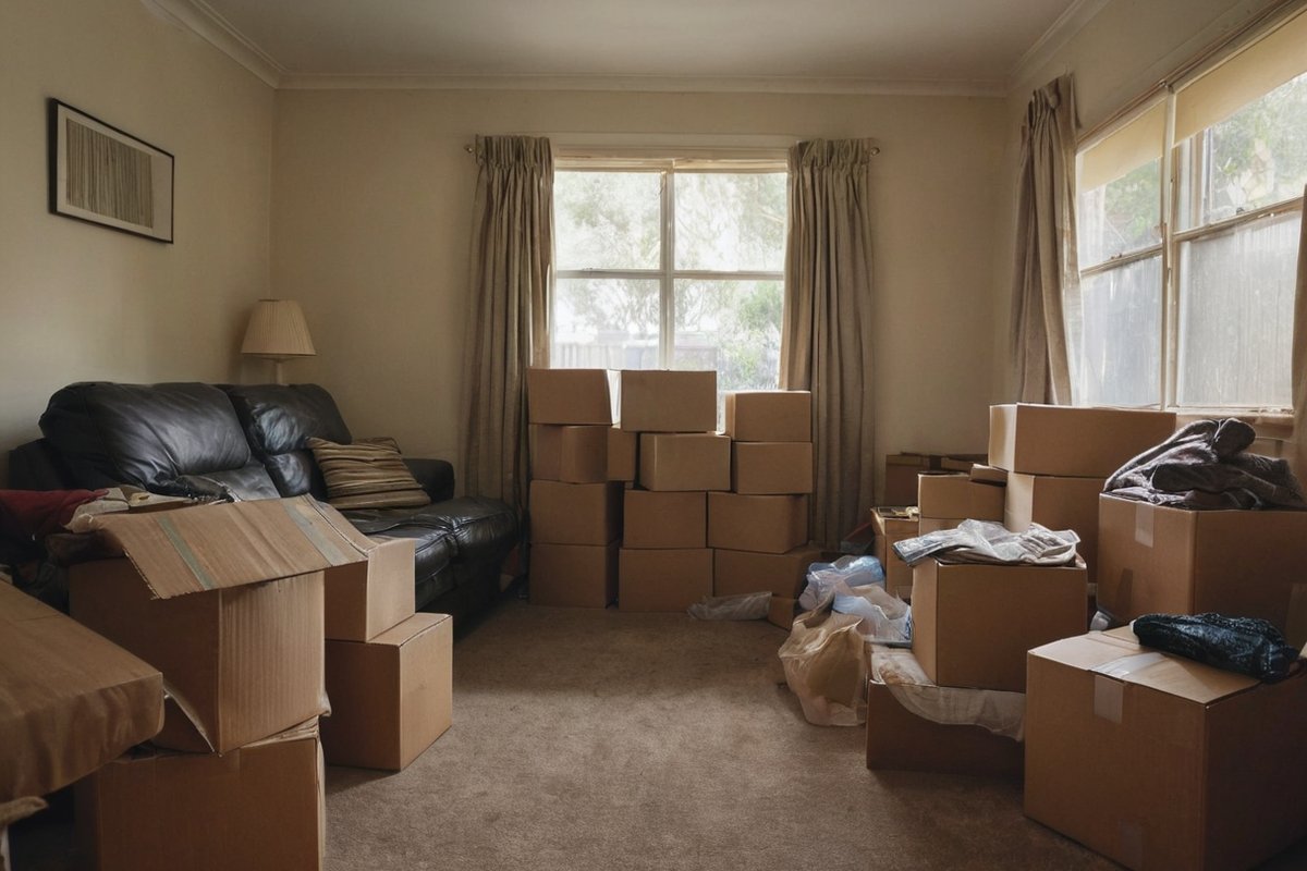 Labelled boxes and sorted household items in a Melbourne home during the downsizing process