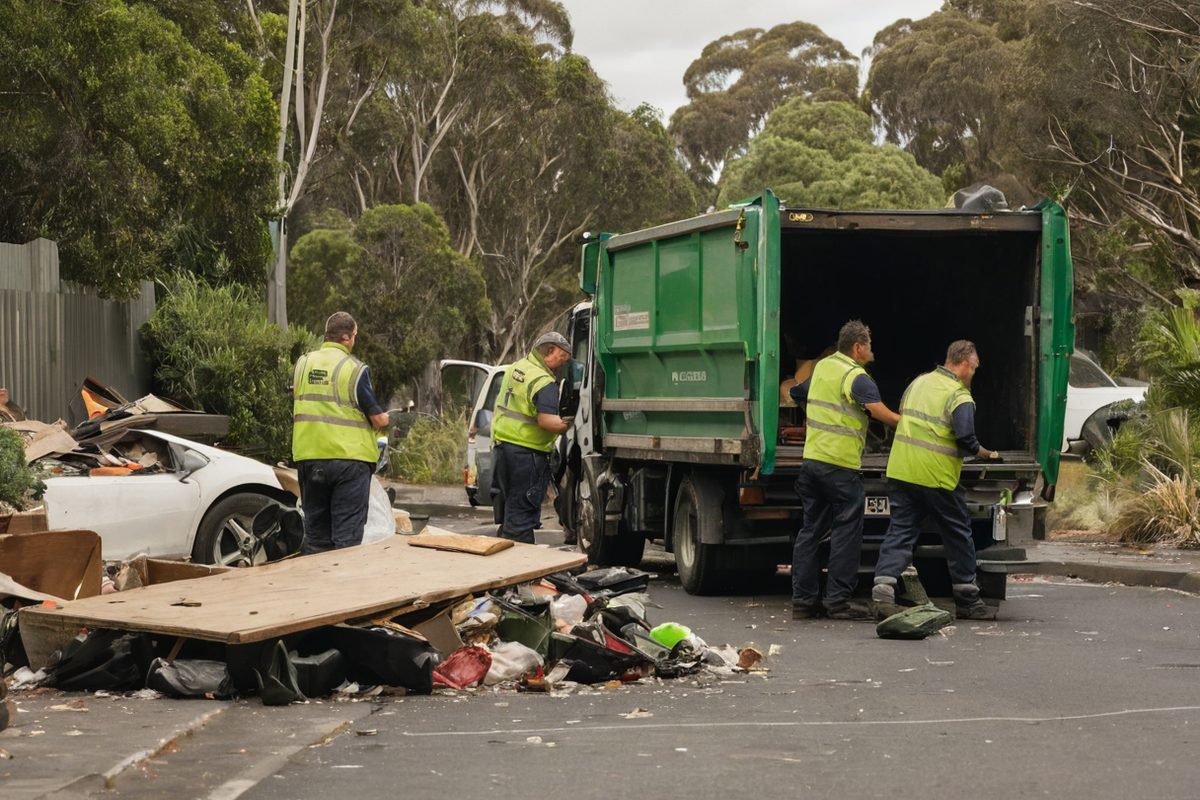 Council workers removing illegally dumped household rubbish from a Melbourne street