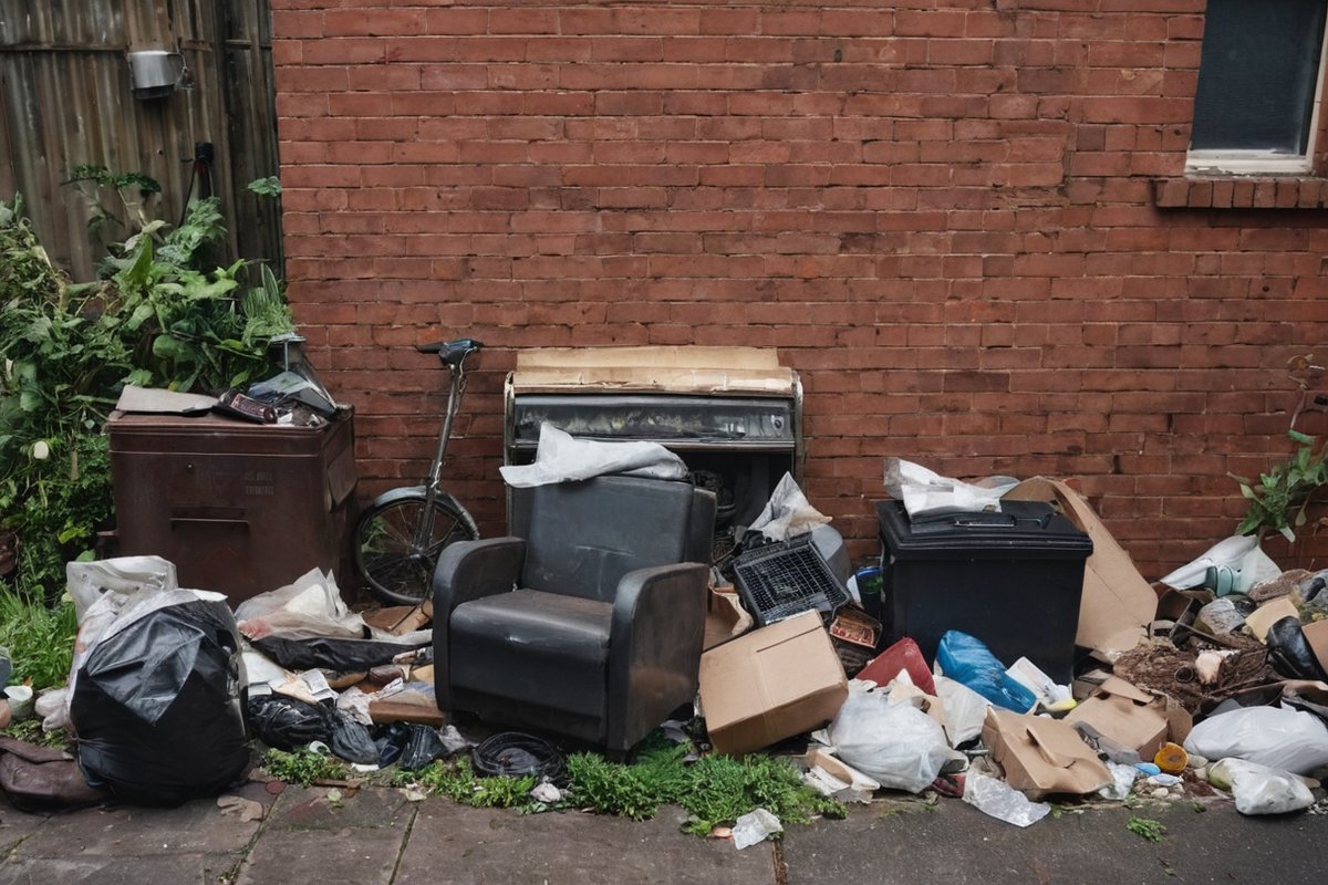 Household rubbish illegally dumped against a brick wall in a Melbourne suburban laneway