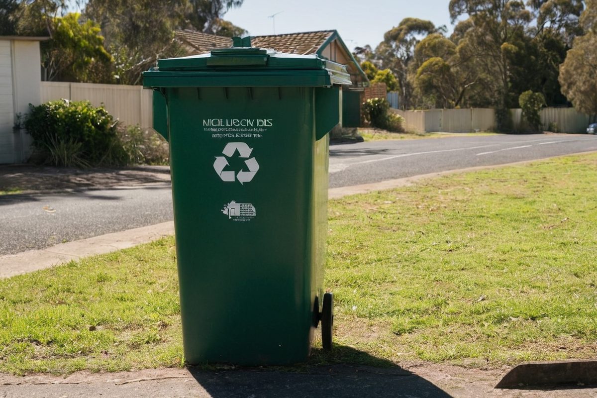 Open Melbourne kerbside recycling bin on a nature strip showing sorted glass and cardboard inside