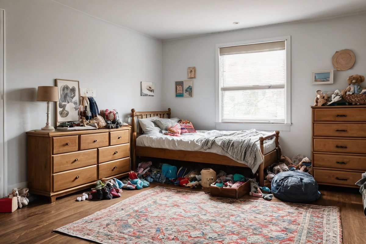 A Melbourne child's bedroom mid-declutter with toys and clothes scattered, ready for a school-holiday sort-out