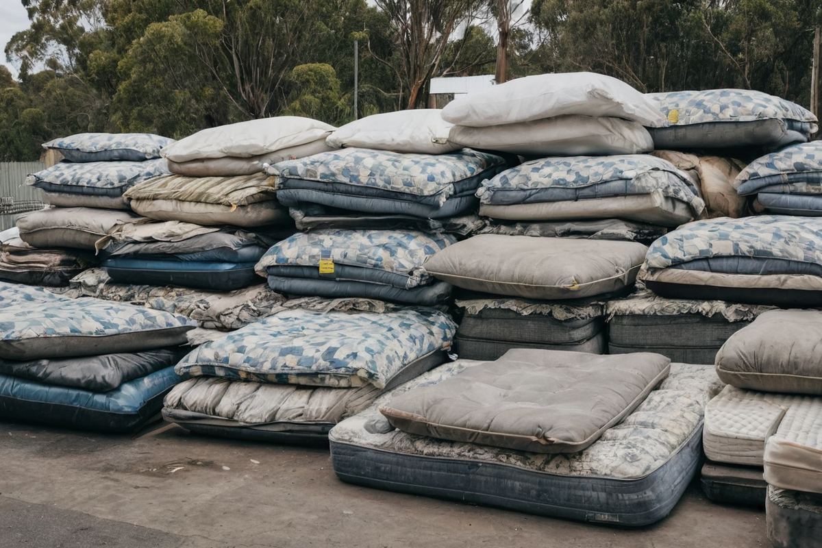 Old mattresses stacked at a Melbourne council transfer station mattress drop-off area for recycling