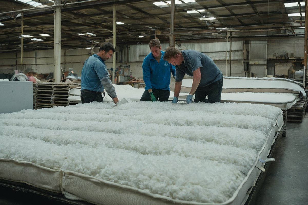 Workers manually dismantling an old mattress at a Melbourne recycling facility to separate components
