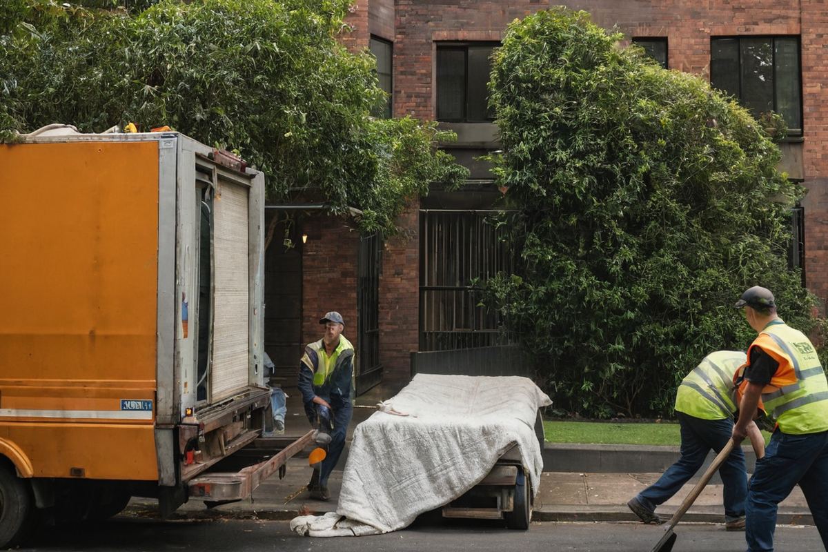 Rubbish removal workers manoeuvring an old mattress out of a Melbourne apartment building to a waiting truck