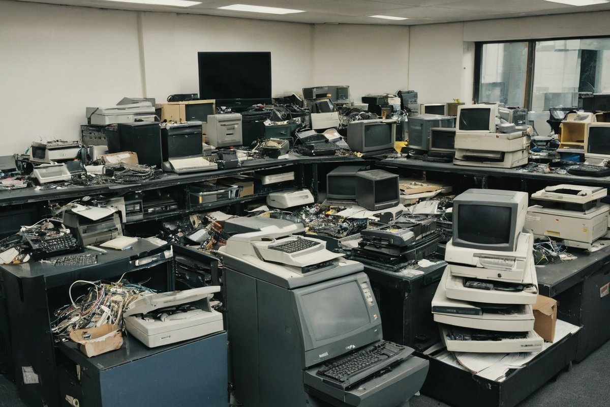 Old office printers and monitors grouped on a trolley in a Melbourne workplace for e-waste collection