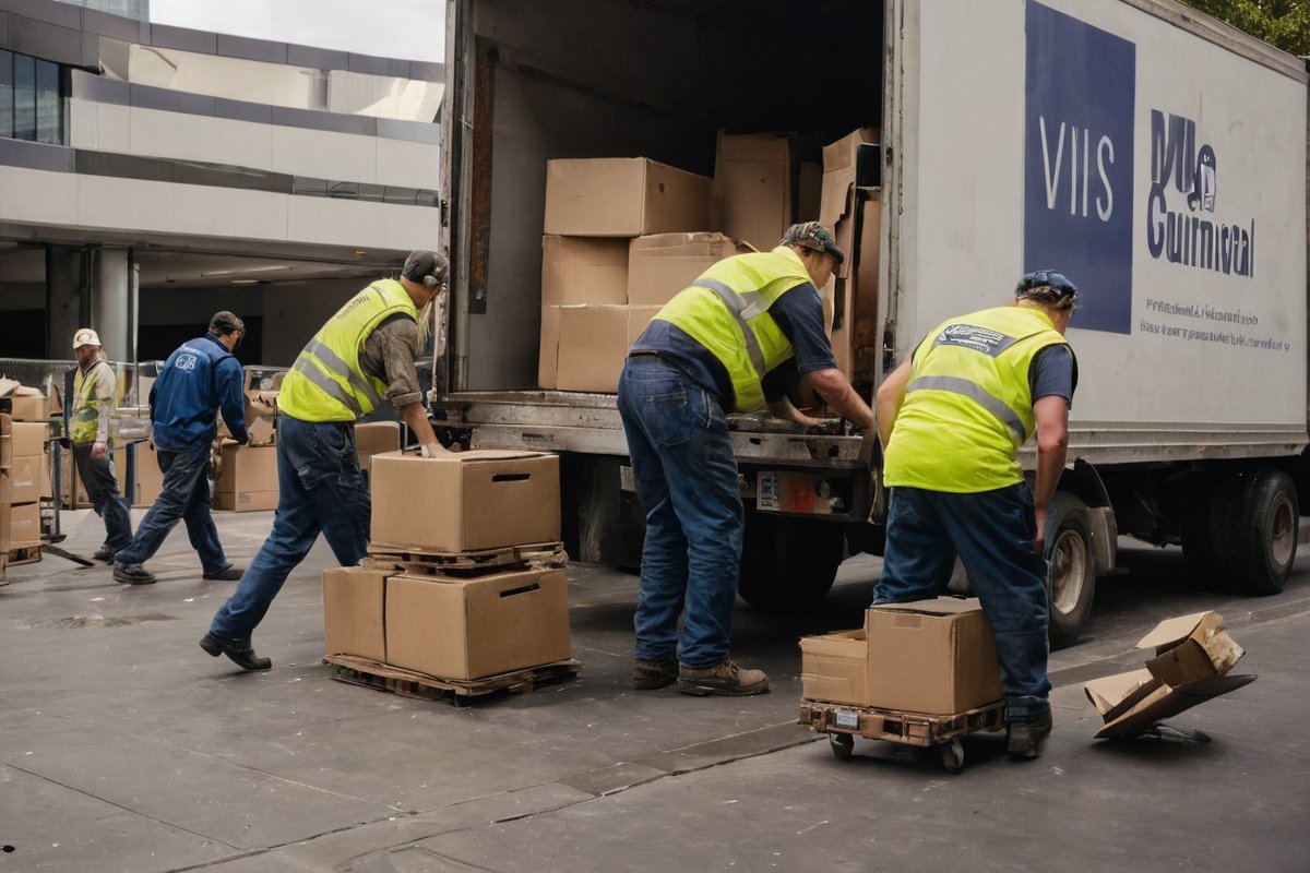 Rubbish removal crew loading office furniture and cardboard boxes from a Melbourne commercial building