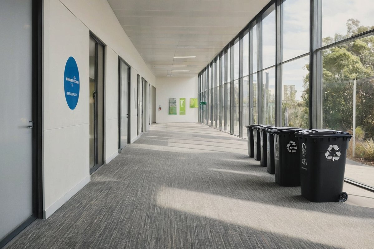 Labelled recycling bins for paper and plastic in a bright Melbourne office corridor