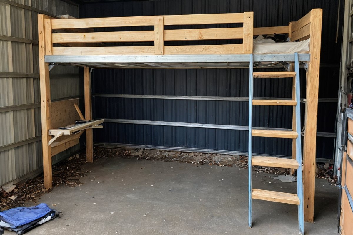 An old timber kids' bunk bed in a shed, the kind of bulky item booked for rubbish removal