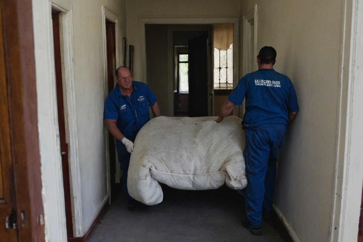 Two rubbish removal workers carrying an old couch out of a Melbourne home through a narrow hallway