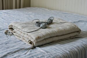 An old, worn electric blanket folded on a bed with its cord and controller, ready to be replaced and disposed of