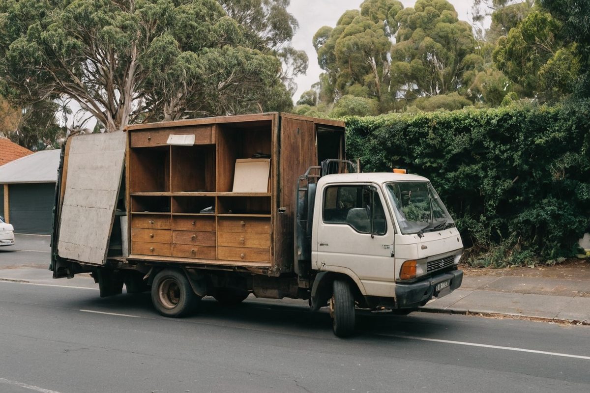Removal truck loaded with old furniture including a broken bookshelf on a Melbourne suburban street